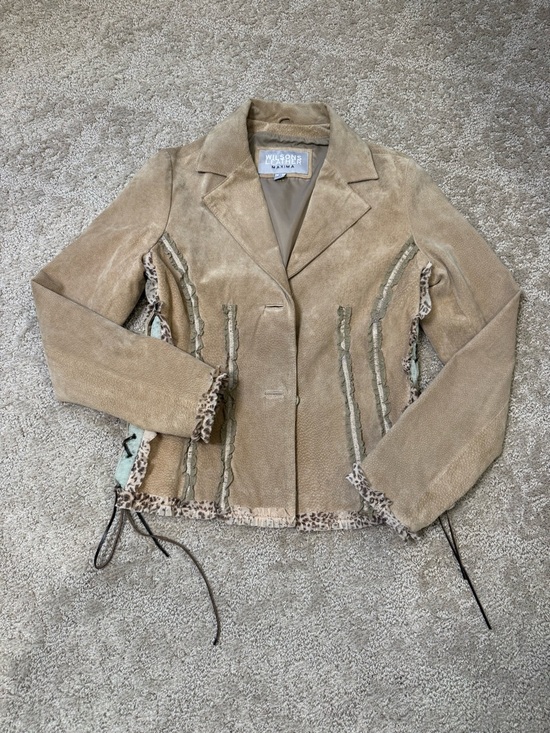 Wilsons Leather Jackets & Blazers - Wilsons Leather Women's Tan Suede Jacket with Leopard Trim Accents